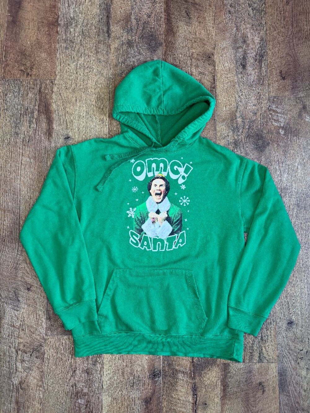 Children’s Elf the Movie Sweatshirt Kangaroo Pocket Hooded “OMG Santa” Green Lar